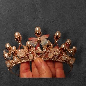 Fashion Crown for Girl or Lady Gold Toned Faux Pearls Butterfly Ribbons AB